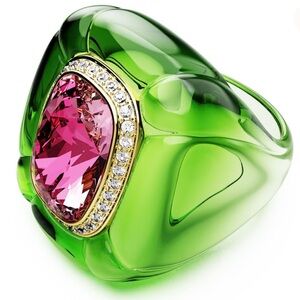 🆕 SWAROVSKI Pink Ring Green Crystal Cocktail Fun Big Bling Art Statement Glam